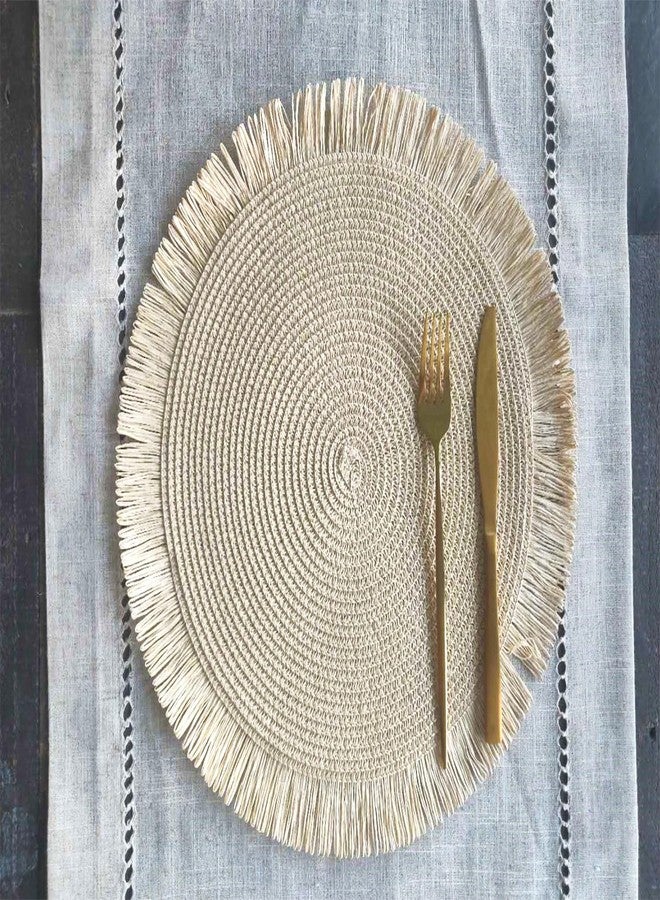 Fennco Styles Handwoven Fringe Boho Placemats 15" Round, Set of 4 - Ivory Braided Texture Table Mats for Home, Dining Room, Banquets, Family Gathering and Special Occasion - Image 3