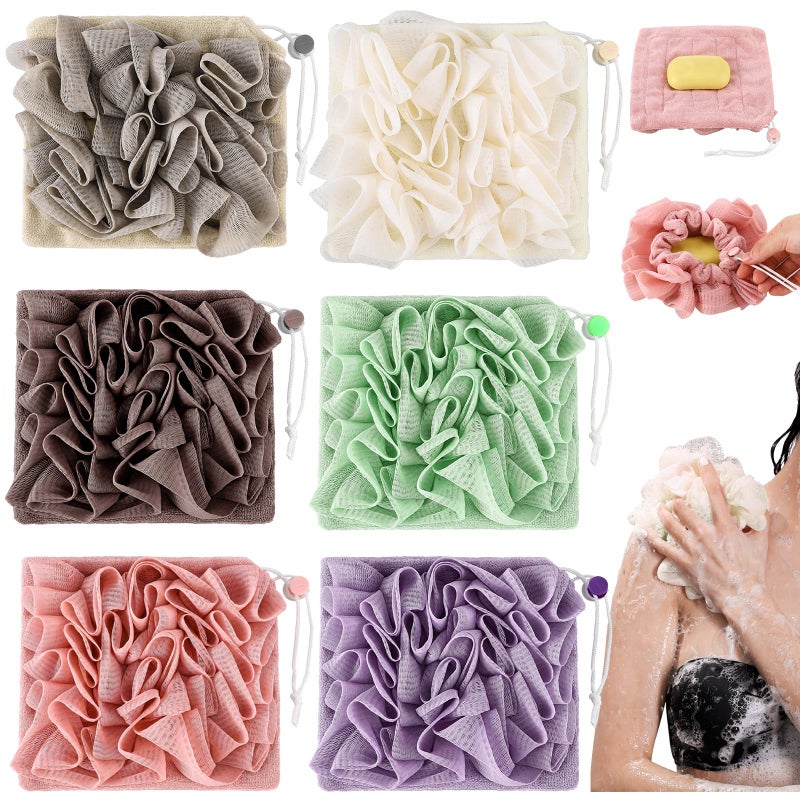 Swiffen 6 Pack Washcloth Loofah Combo 2 in 1 Drawstring Loofah Sponge with Bar Soap Pocket Exfoliation Mesh Shower Puff Ball for Body Wash Cleansing and Smooth Skin (Multicolor) - Image 1