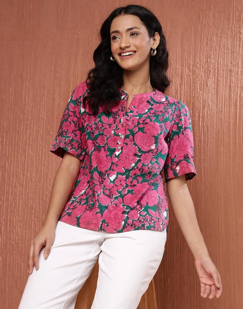Fabindia Green Cotton Printed Top