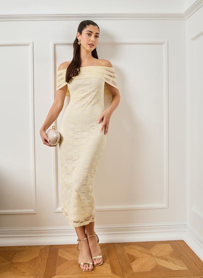 Styli Women Beige Lace Sheath Midi Dress - Image 1