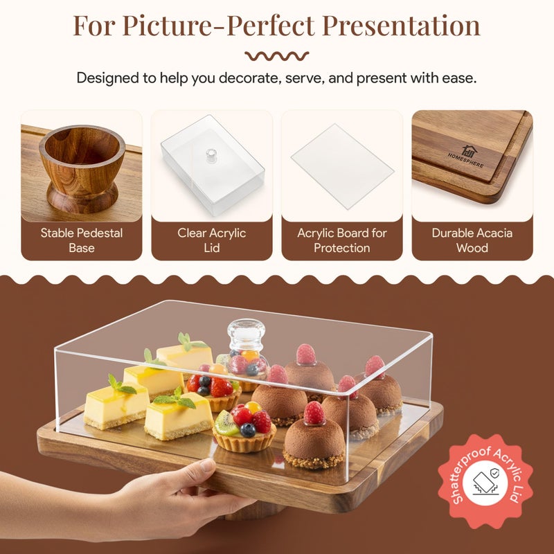 HOMESPHERE Acacia Wood Cake Stand with Lid - Rectangular Cake Holder, 2-in-1 Dessert Table Display Set & Charcuterie Board for Cheese, Chips, Fruit Platter, Large Acrylic Cake Dome Cover, No Glass - Image 3
