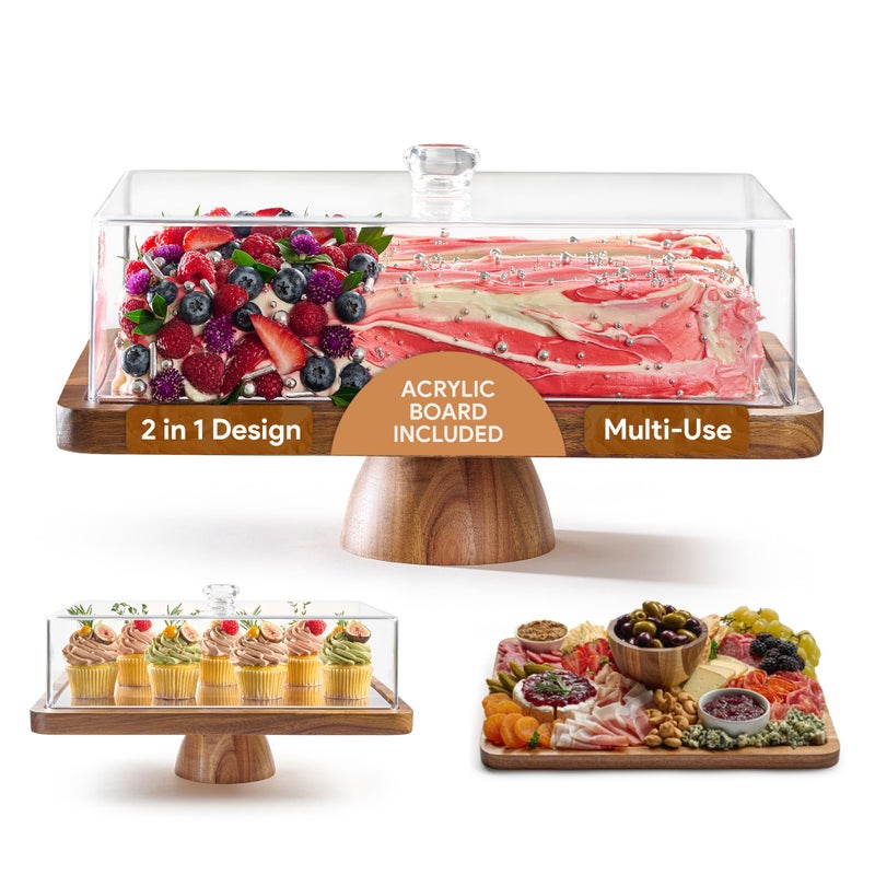 HOMESPHERE Acacia Wood Cake Stand with Lid - Rectangular Cake Holder, 2-in-1 Dessert Table Display Set & Charcuterie Board for Cheese, Chips, Fruit Platter, Large Acrylic Cake Dome Cover, No Glass - Image 1