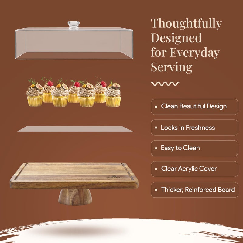 HOMESPHERE Acacia Wood Cake Stand with Lid - Rectangular Cake Holder, 2-in-1 Dessert Table Display Set & Charcuterie Board for Cheese, Chips, Fruit Platter, Large Acrylic Cake Dome Cover, No Glass - Image 4