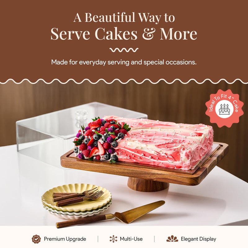 HOMESPHERE Acacia Wood Cake Stand with Lid - Rectangular Cake Holder, 2-in-1 Dessert Table Display Set & Charcuterie Board for Cheese, Chips, Fruit Platter, Large Acrylic Cake Dome Cover, No Glass - Image 5