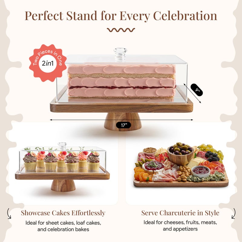 HOMESPHERE Acacia Wood Cake Stand with Lid - Rectangular Cake Holder, 2-in-1 Dessert Table Display Set & Charcuterie Board for Cheese, Chips, Fruit Platter, Large Acrylic Cake Dome Cover, No Glass - Image 2