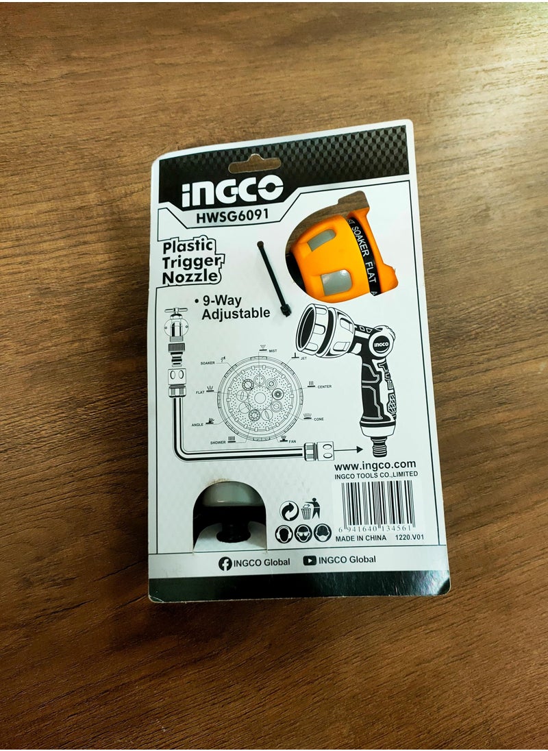 INGCO Garden Hose Nozzle, 9-Way Adjustable Plastic Trigger Sprayer, Model HWSG6091  - Image 4