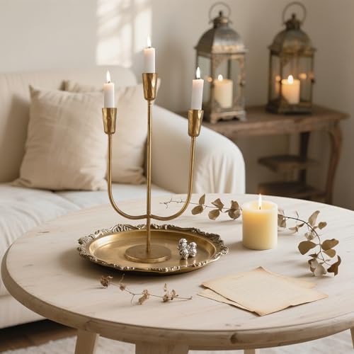 ASHELYULLA Cast Iron Candelabra for 3 Candles, Brass Candlestick Holder Vintage Taper Candle Holder Tall Antique Gold Candle Stand Table Centerpiece Mantlepiece Decor for Wedding Housewarming Christmas - Image 3