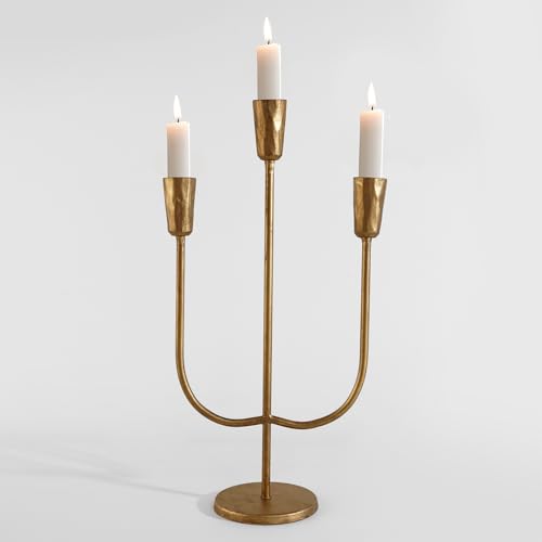 ASHELYULLA Cast Iron Candelabra for 3 Candles, Brass Candlestick Holder Vintage Taper Candle Holder Tall Antique Gold Candle Stand Table Centerpiece Mantlepiece Decor for Wedding Housewarming Christmas - Image 1