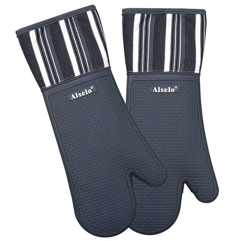 Alselo Silicone Oven Mitts Heat Resistant 550 Degree Extra Long Kitchen Gloves Pot Holders with Waterproof and NonSilp for Baking Cooking Barbecue Microwave Machine Washable Extra Long Grey 2