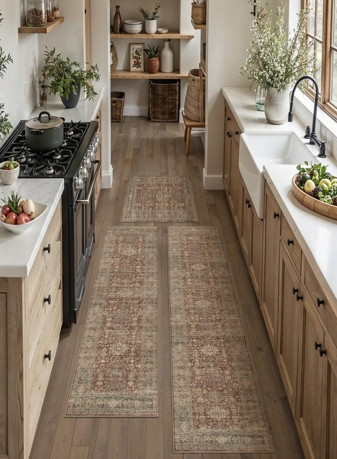 WondRg Vintage Kitchen Rug Set of 3 Washable Rust Kitchen Mats for Floor Non-Slip Kitchen Runner Rug Soft Low Pile Distressed for Bathroom Laundry Hallway Sink Entryway - Image 1