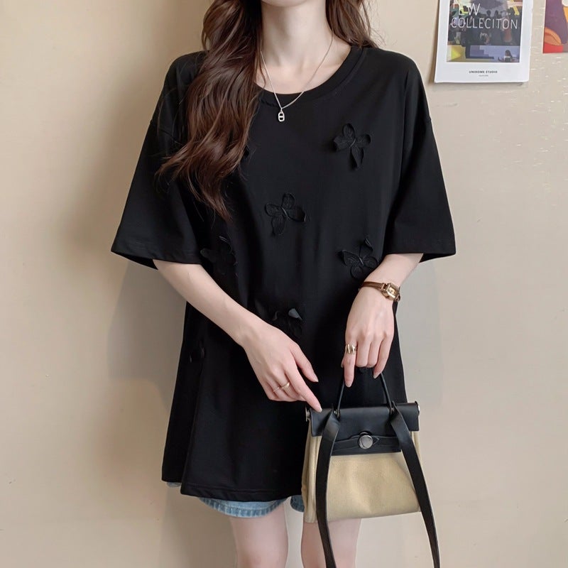 New 2025 Summer Three-Dimensional Butterfly Short-Sleeve T-Shirt For Women, Pure Cotton Embroidered Top, Round Neck, Plus Size Women'S Fashion - Image 3