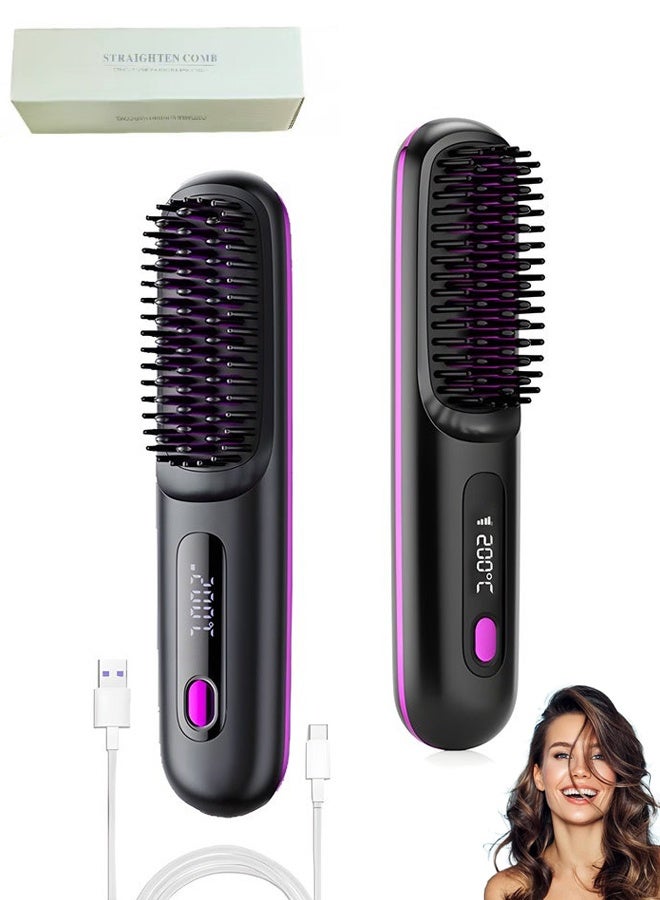 Wireless Hair Straightener Brush Portable Mini Ceramic Ionic Straightening Comb And Curler 2 In 1 Thermal Brush 20S Fast Heating 3 Temp Settings Anti Scald