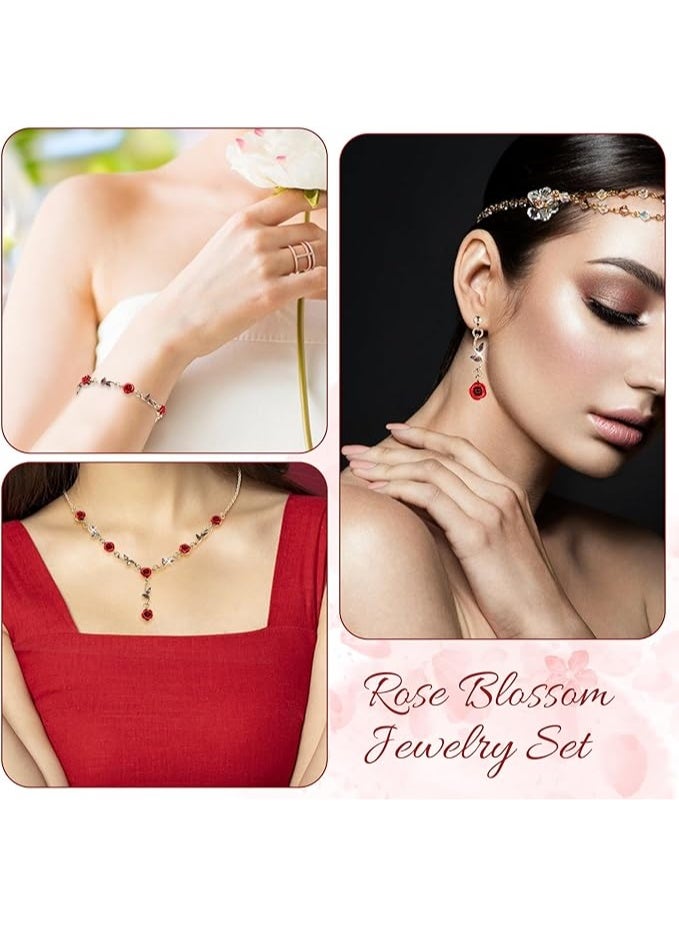 PAWSONIFY 3 Pcs Red Rose Jewelry Set, Rose Flower Pendant Necklace, Dangle Earrings, Bracelet, Alloy Red Jewelry Sets - Image 3