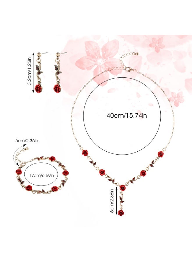 PAWSONIFY 3 Pcs Red Rose Jewelry Set, Rose Flower Pendant Necklace, Dangle Earrings, Bracelet, Alloy Red Jewelry Sets - Image 2