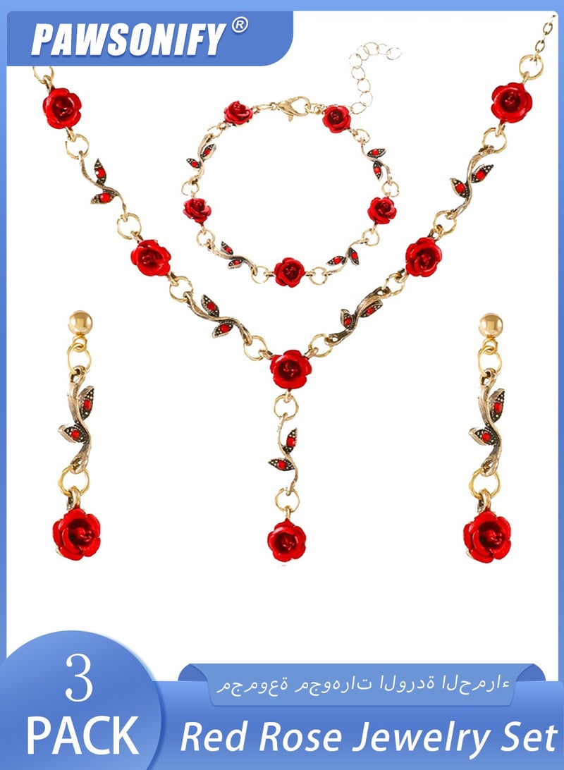 PAWSONIFY 3 Pcs Red Rose Jewelry Set, Rose Flower Pendant Necklace, Dangle Earrings, Bracelet, Alloy Red Jewelry Sets - Image 1