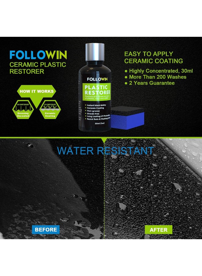FOLLOWIN طلاء السيراميك بلاستيك ريستورير عالي التركيز للسيارة مرمم البلاستيك ومقاوم للماء والأشعة فوق البنفسجية والأوساخ غير قابل للتلف يدوم لأكثر من 200 غسلة من فولوين، سعة 30 مل - Image 2