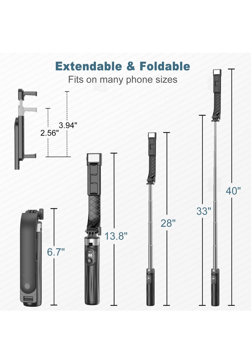 SYOSI 40" Selfie Stick Tripod with LED Fill Light Extendable Travel Essential Phone Tripod Upgrade Cell Phone quadpods with Wireless Remote Portable Lightweight Phone Tripod for iPhone or Android Black - Image 4