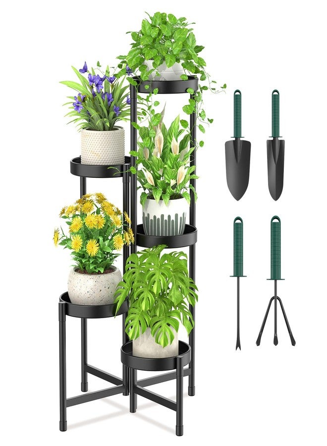 iDavosic.ly Plant Stand with Garden Tools, 5 Tier Corner Metal Flower Display Holder Shelf Indoor Outdoor, Folding Tall Orchid Rack for Patio Balcony Porch Living Room House, Black - Image 1