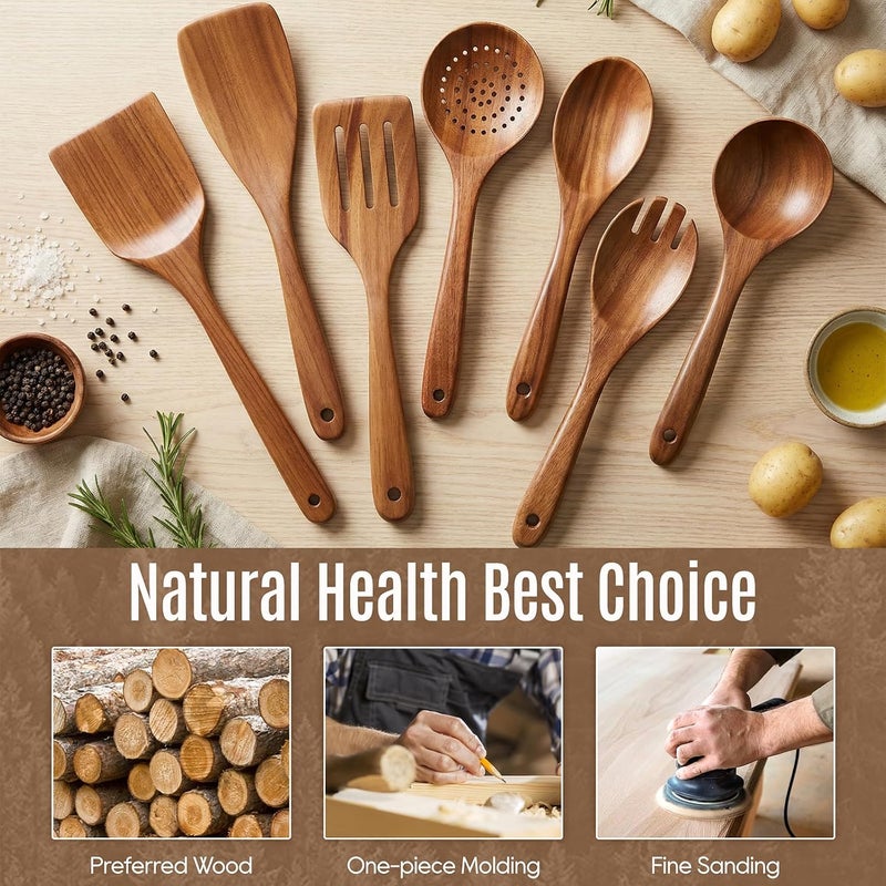 MULBOM Wooden Cooking Utensils Set with Holder, 8 Pcs Teak Wood Kitchen Utensils for Nonstick Cookware, Wooden Spoons and Spatulas for Cooking, Farmhouse Kitchen Accessories - Image 2