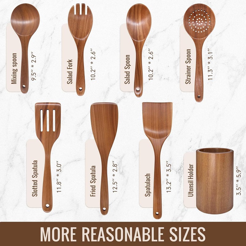 MULBOM Wooden Cooking Utensils Set with Holder, 8 Pcs Teak Wood Kitchen Utensils for Nonstick Cookware, Wooden Spoons and Spatulas for Cooking, Farmhouse Kitchen Accessories - Image 4