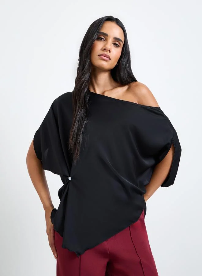 تايك تو Black One-Shoulder Neck Relaxed Fit Top