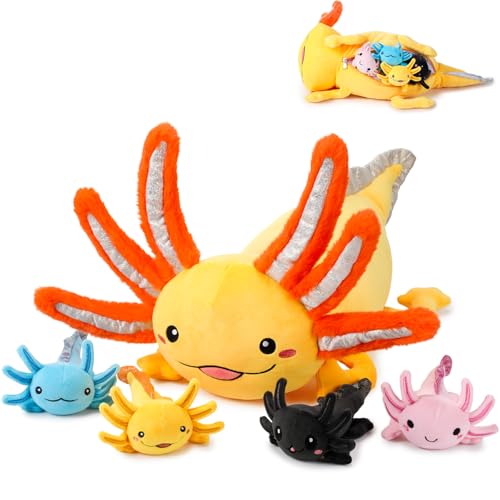 Aoriher 5 Pcs Axolotl Plush Set 24 Inch Mommy Axolotl Stuffed Animal with 4 Cute Plush Babies in Belly Soft Cuddly Plushie for Kids Sleeping Birthday Graduation Valentine Gift Party FavorsOrange - Image 1