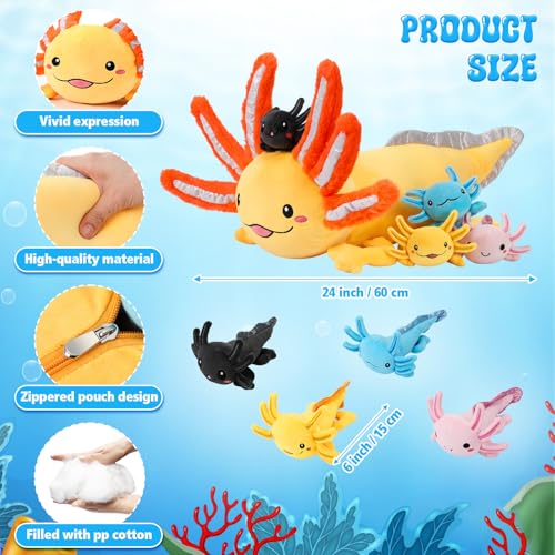 Aoriher 5 Pcs Axolotl Plush Set 24 Inch Mommy Axolotl Stuffed Animal with 4 Cute Plush Babies in Belly Soft Cuddly Plushie for Kids Sleeping Birthday Graduation Valentine Gift Party FavorsOrange - Image 5