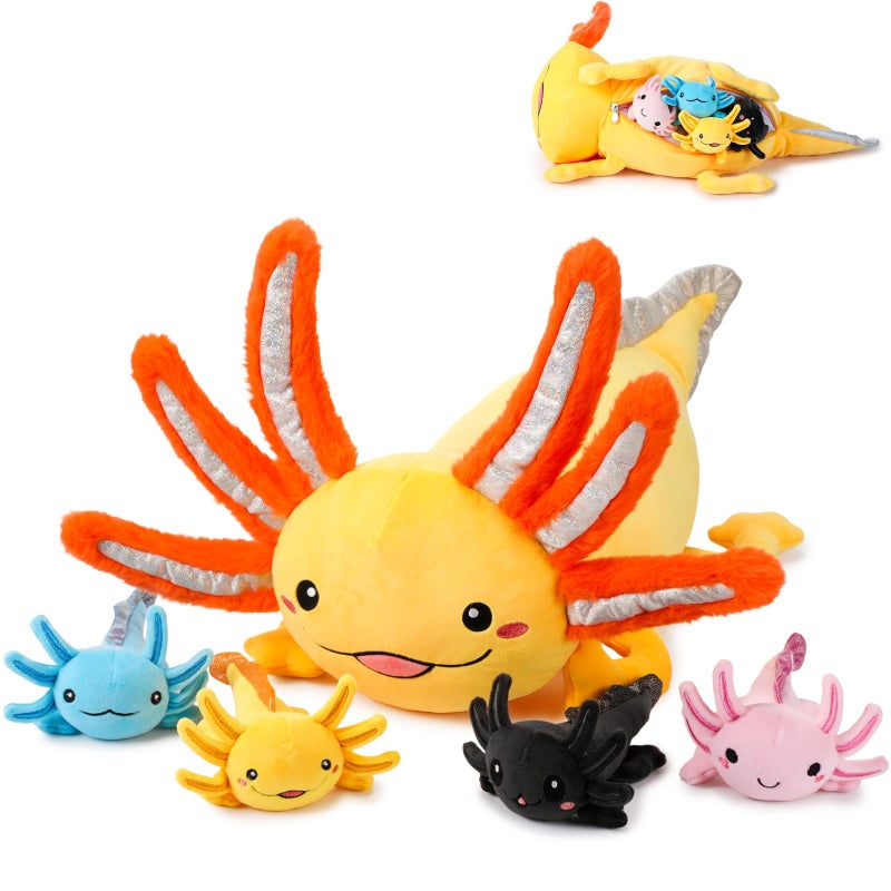 Aoriher 5 Pcs Axolotl Plush Set 24 Inch Mommy Axolotl Stuffed Animal with 4 Cute Plush Babies in Belly Soft Cuddly Plushie for Kids Sleeping Birthday Graduation Valentine Gift Party FavorsOrange - Image 3