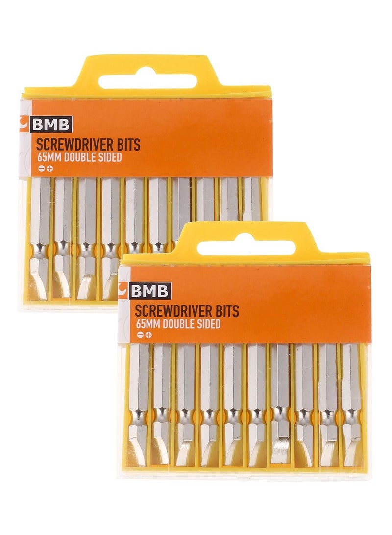 2-Packs of 10-Piece Double Sided Screwdriver Bits Set Silver 65milimeter