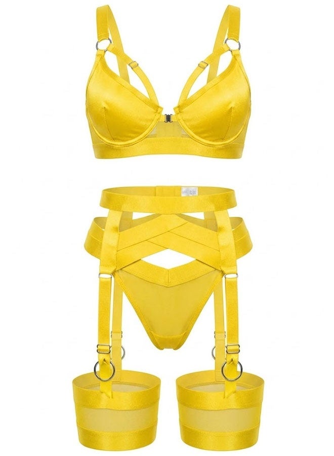 MARGOUN Women's 4-Piece Strappy Lingerie Set with Garter Belt, Underwire Strappy Bra, Cutout High-Waisted Cincher, Thong, and Thigh-High Stockings Exotic Underwear Ensemble - Yellow - Image 3
