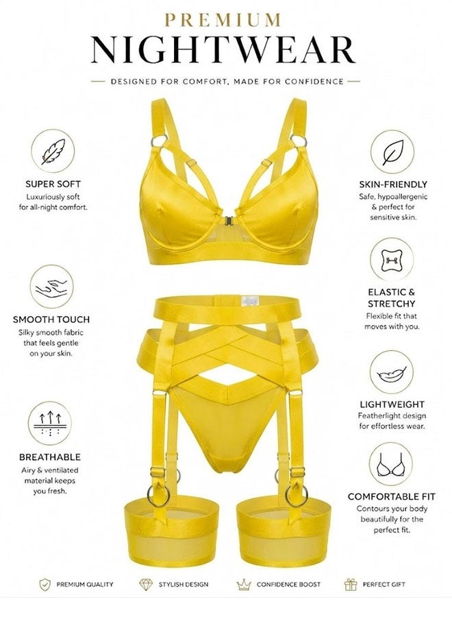 MARGOUN Women's 4-Piece Strappy Lingerie Set with Garter Belt, Underwire Strappy Bra, Cutout High-Waisted Cincher, Thong, and Thigh-High Stockings Exotic Underwear Ensemble - Yellow - Image 2