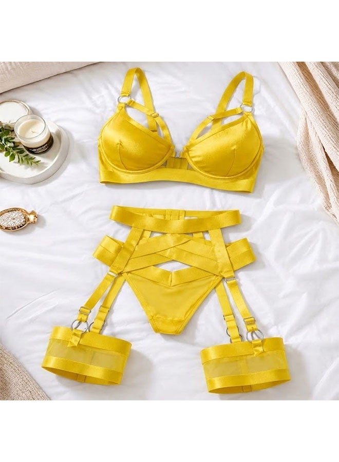 MARGOUN Women's 4-Piece Strappy Lingerie Set with Garter Belt, Underwire Strappy Bra, Cutout High-Waisted Cincher, Thong, and Thigh-High Stockings Exotic Underwear Ensemble - Yellow - Image 4