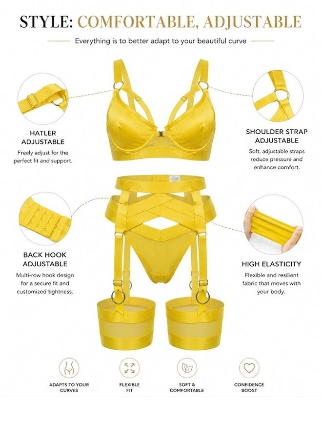 MARGOUN Women's 4-Piece Strappy Lingerie Set with Garter Belt, Underwire Strappy Bra, Cutout High-Waisted Cincher, Thong, and Thigh-High Stockings Exotic Underwear Ensemble - Yellow - Image 5