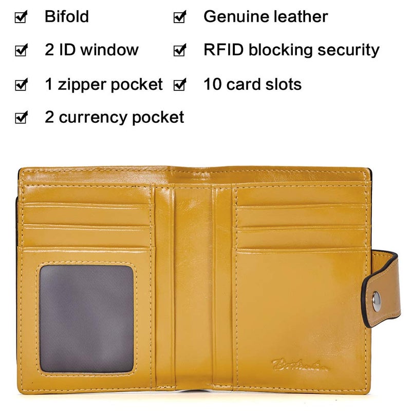 BOSTANTEN Women Leather Wallet RFID Blocking Small Bifold Zipper Pocket Wallet Card Case Purse with ID Window Yellow - Image 5