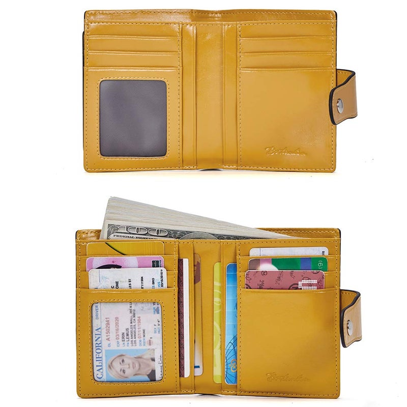 BOSTANTEN Women Leather Wallet RFID Blocking Small Bifold Zipper Pocket Wallet Card Case Purse with ID Window Yellow - Image 4