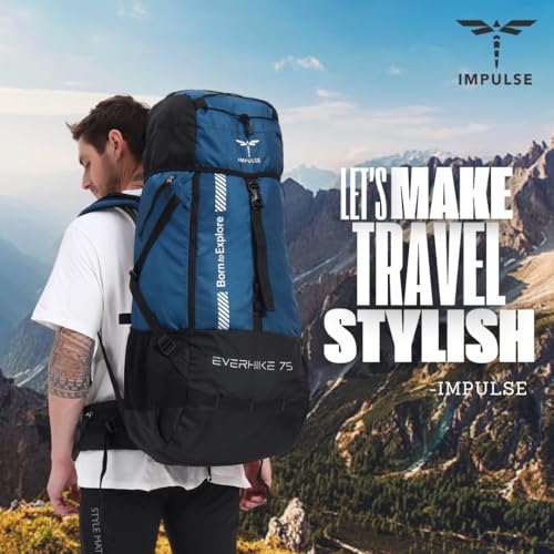Impulse Everhike 75L Travel bag Trekking with Rain Cover|Water Resistant|Padded Adjustable Shoulder Straps & Waist Belt | Ideal for Hiking, Camping & Travel Rucksack Backpack- Blue |1 Year Warranty - Image 2