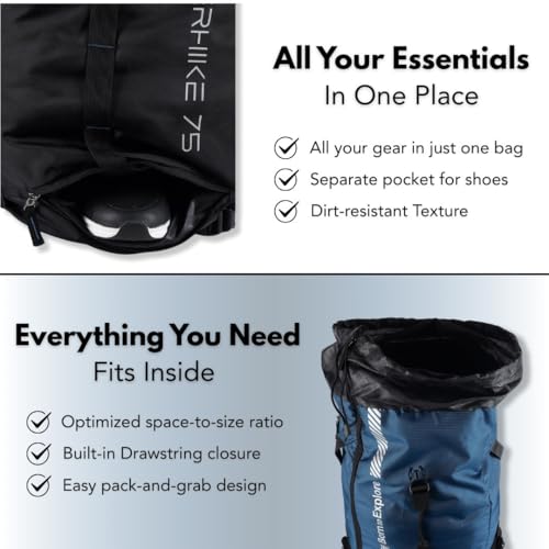 Impulse Everhike 75L Travel bag Trekking with Rain Cover|Water Resistant|Padded Adjustable Shoulder Straps & Waist Belt | Ideal for Hiking, Camping & Travel Rucksack Backpack- Blue |1 Year Warranty - Image 4