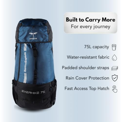 Impulse Everhike 75L Travel bag Trekking with Rain Cover|Water Resistant|Padded Adjustable Shoulder Straps & Waist Belt | Ideal for Hiking, Camping & Travel Rucksack Backpack- Blue |1 Year Warranty - Image 3