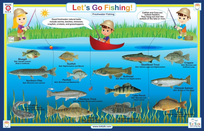 Tot Talk Lets Go Fishing Educational Placemat for Kids  Made in USA  Durable DoubleSided Fish Facts  Fishing Gear  Waterproof Wipeable 175 x 115