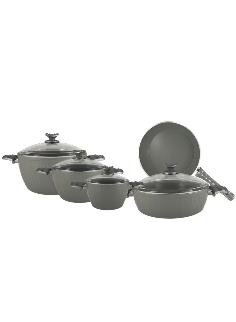 Homemaker 9-Piece Farah Cookware Set - Tempered Glass Lids - 3 Deep Pots - 1 Low Pot - 1 Frypan - Non-Stick Ceramic Surface - PFOA Free - Grey - Image 2