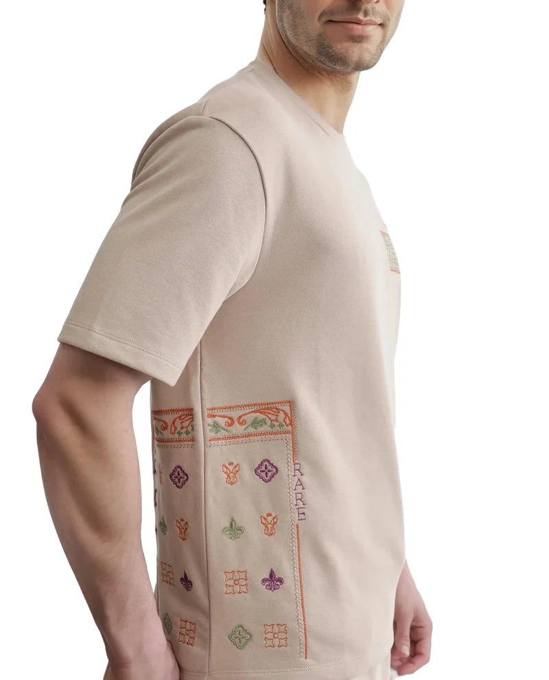 Rare Rabbit Men's Half Sleeve Embroidered T-Shirt