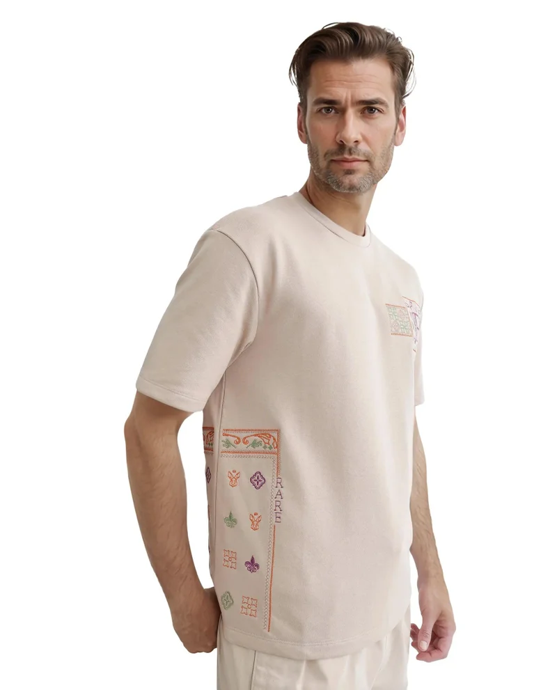 Rare Rabbit Men's Half Sleeve Embroidered T-Shirt