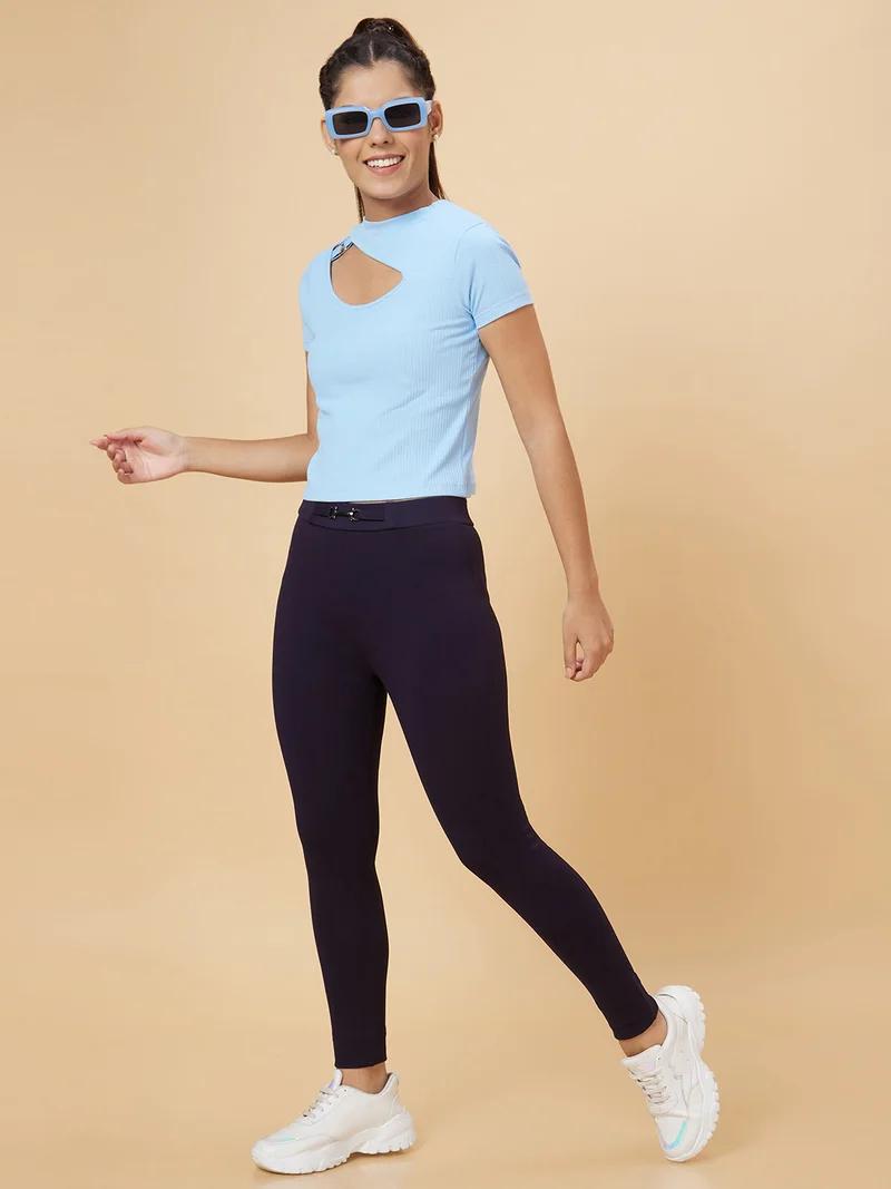 globus Globus Women Blue Ribbed Cut-Out Detailed Fitted Top
