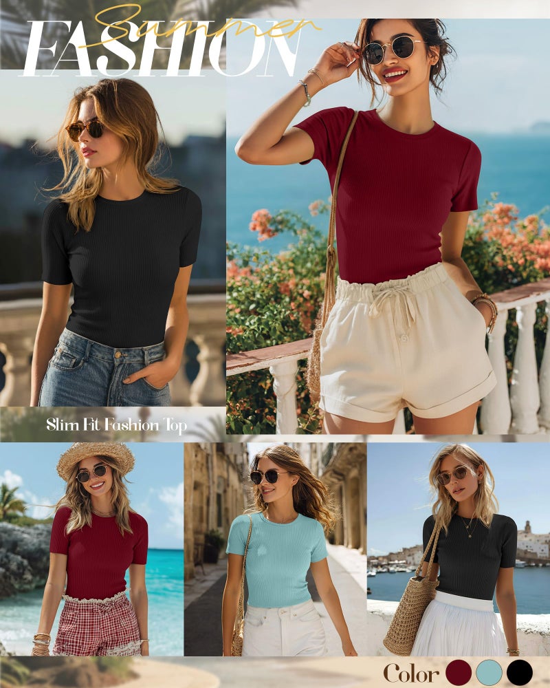 Ficerd 3 Pack Women's Ribbed T-Shirts, Cotton Short Sleeve Basic Tees Crewneck Fitted Tops Casual Shirts 2026 Summer Trendy(Black, Gray Green, Wine Red,Medium) - Image 4