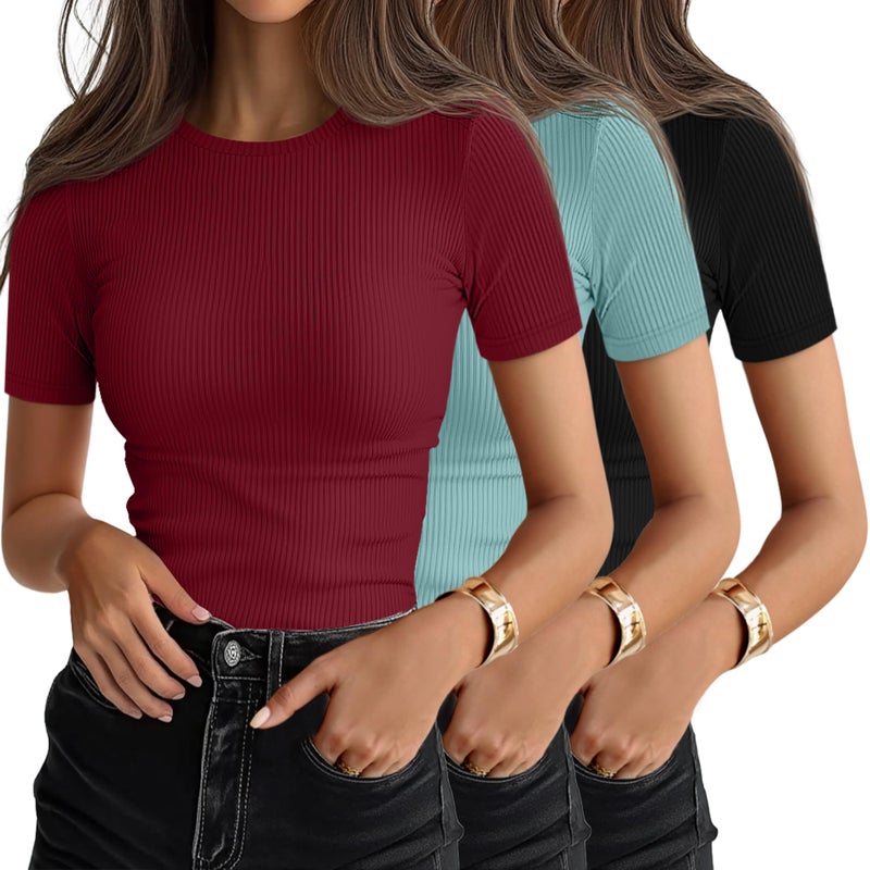 Ficerd 3 Pack Women's Ribbed T-Shirts, Cotton Short Sleeve Basic Tees Crewneck Fitted Tops Casual Shirts 2026 Summer Trendy(Black, Gray Green, Wine Red,Medium) - Image 1