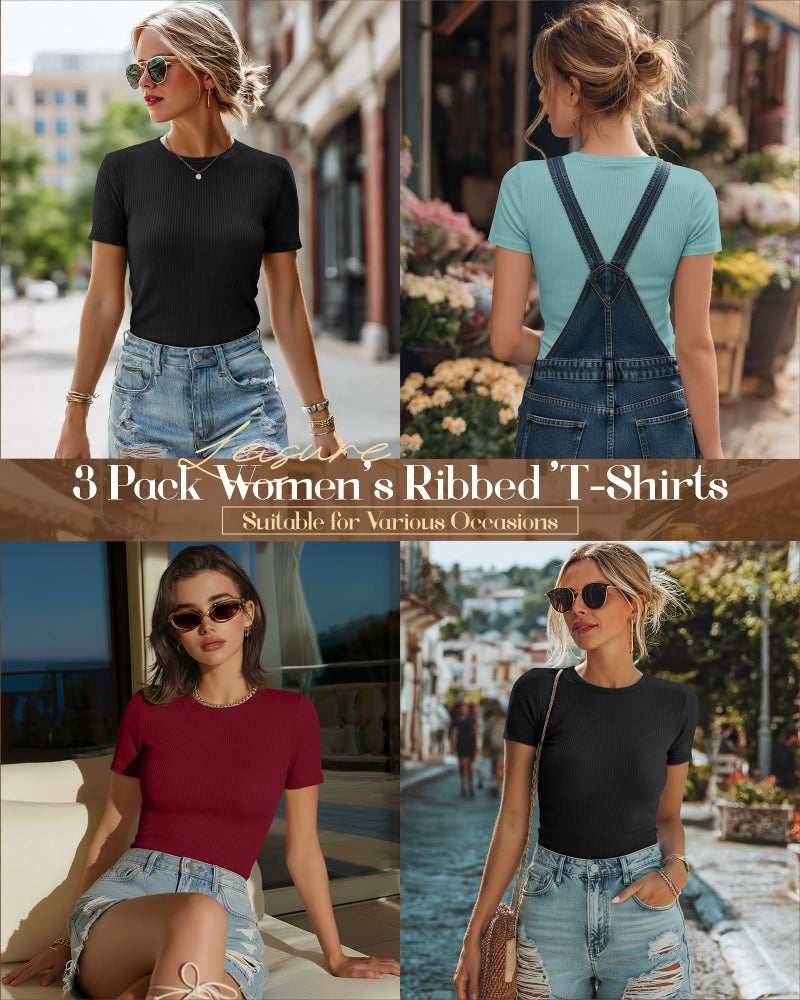 Ficerd 3 Pack Women's Ribbed T-Shirts, Cotton Short Sleeve Basic Tees Crewneck Fitted Tops Casual Shirts 2026 Summer Trendy(Black, Gray Green, Wine Red,Medium) - Image 2
