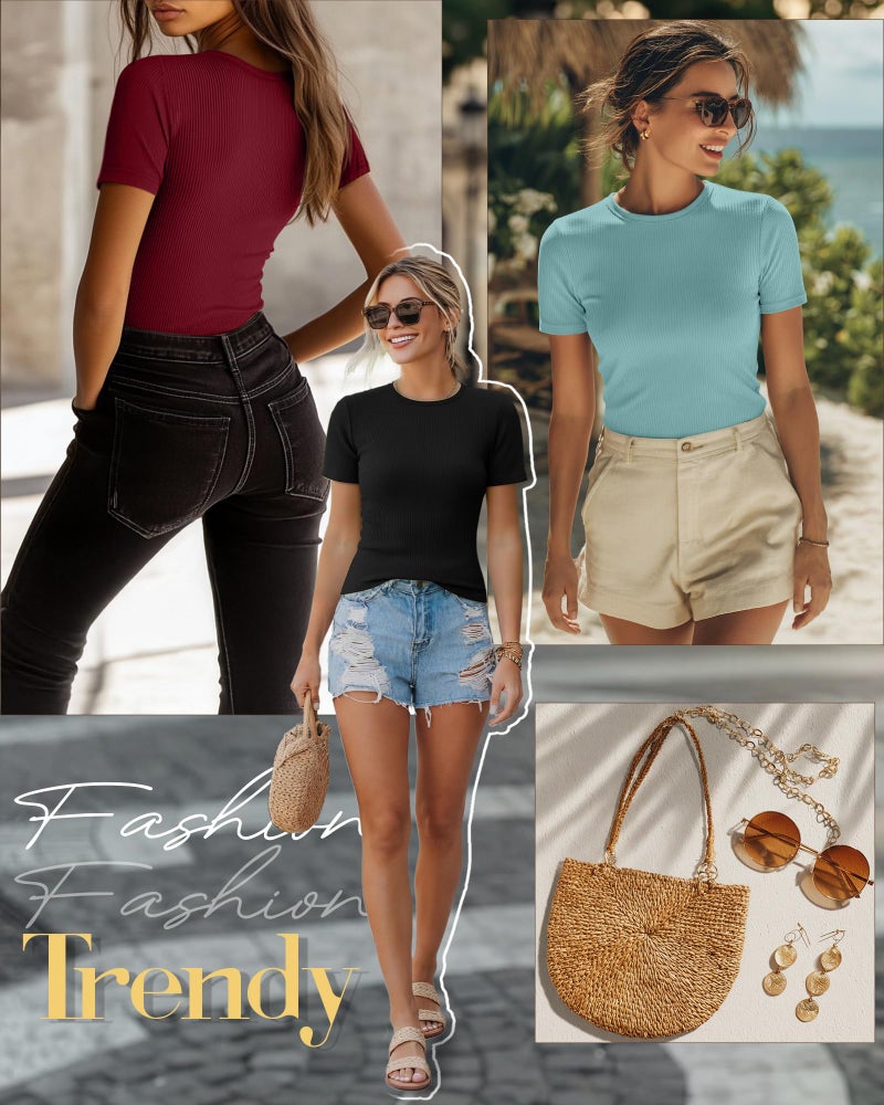 Ficerd 3 Pack Women's Ribbed T-Shirts, Cotton Short Sleeve Basic Tees Crewneck Fitted Tops Casual Shirts 2026 Summer Trendy(Black, Gray Green, Wine Red,Medium) - Image 3