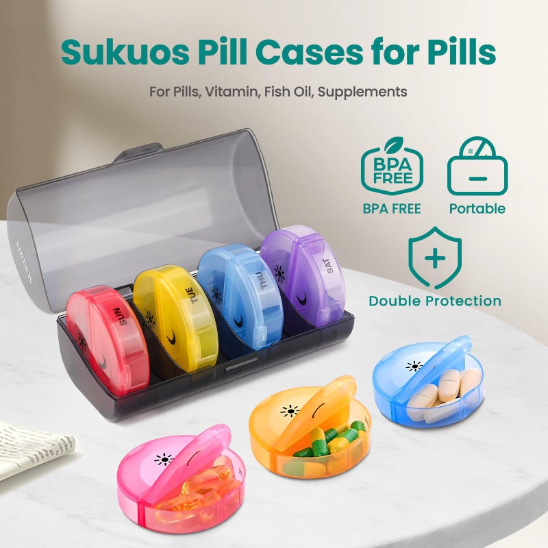 Sukuos منظم الحبوب الأسبوعي الكبير من سوكوس مرتين في اليوم، صندوق الحبوب اليومي 7 أيام سهل الفتح مع حماية مزدوجة، علبة الحبوب AM PM للأدوية/الفيتامينات/زيت السمك/المكملات - Image 2