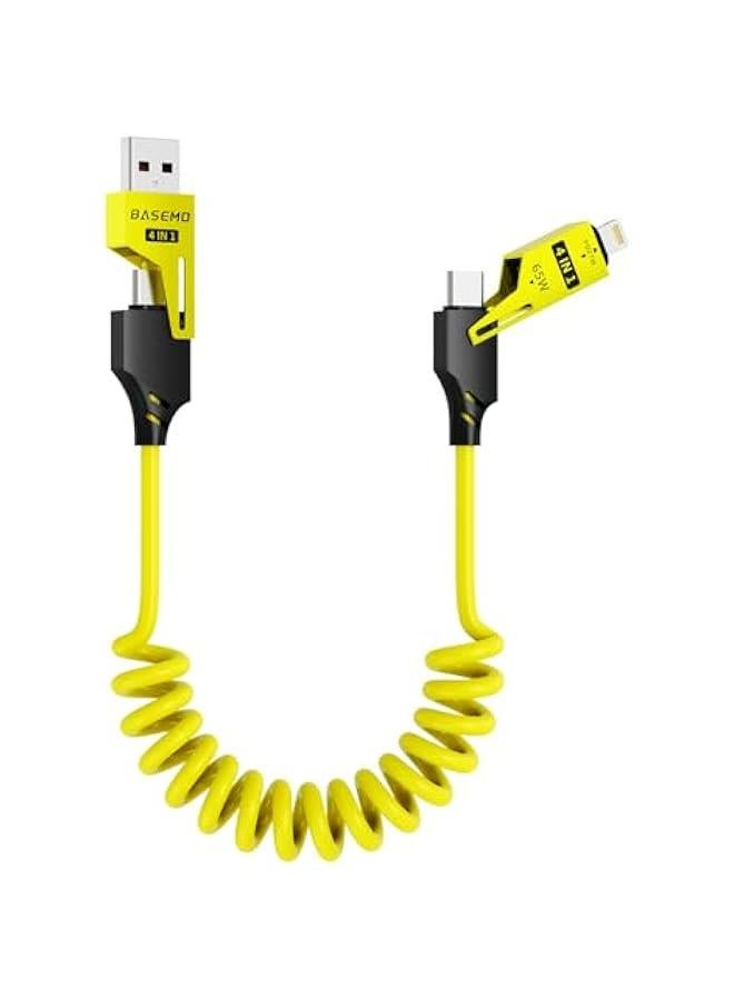 4-in-1 Coiled USB-C to Lightning/Type-C 65W Fast Charging Cable, Car Play & Android Auto Compatible, Compact Design, Multi-Device Charging for iPhone, iPad, Samsung & More, Yellow - Image 1