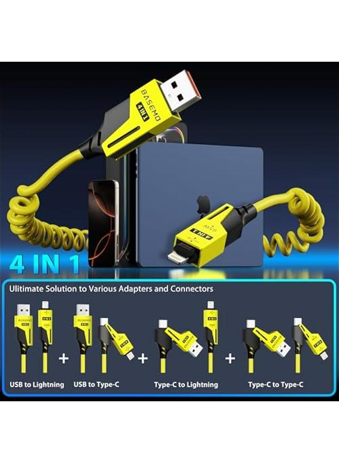 4-in-1 Coiled USB-C to Lightning/Type-C 65W Fast Charging Cable, Car Play & Android Auto Compatible, Compact Design, Multi-Device Charging for iPhone, iPad, Samsung & More, Yellow - Image 2